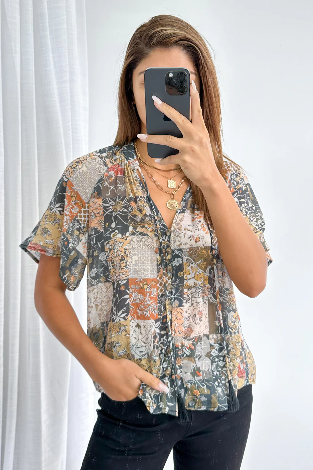 Angela Blouse - Black Multi Patchwork - Image 7