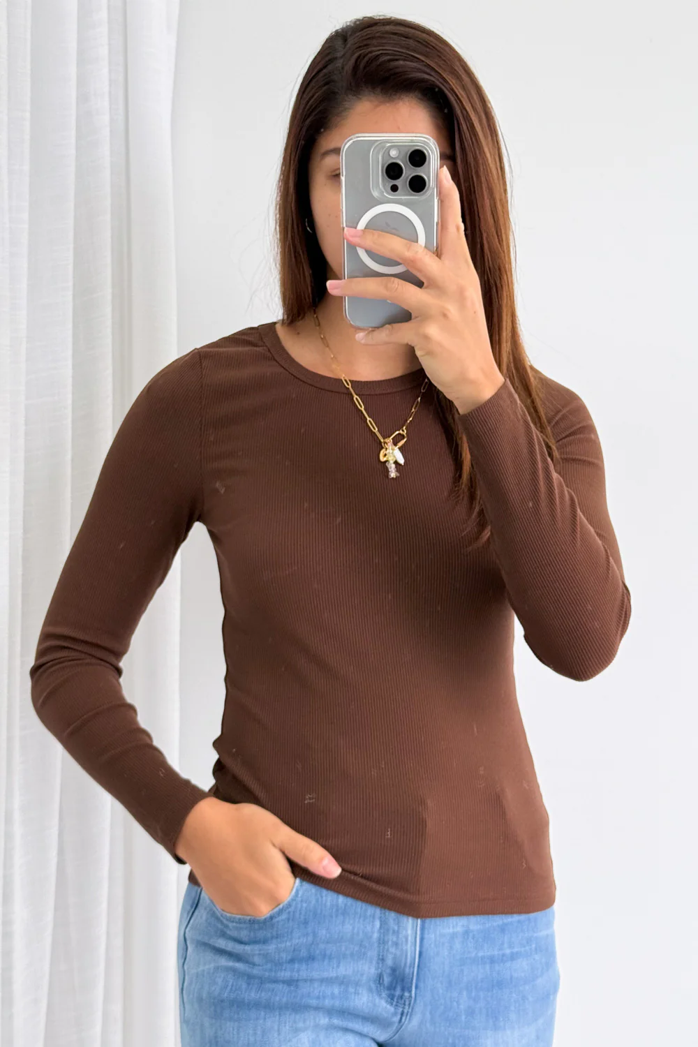 Classic Long Sleeve Rib Tee - Chocolate - Image 7