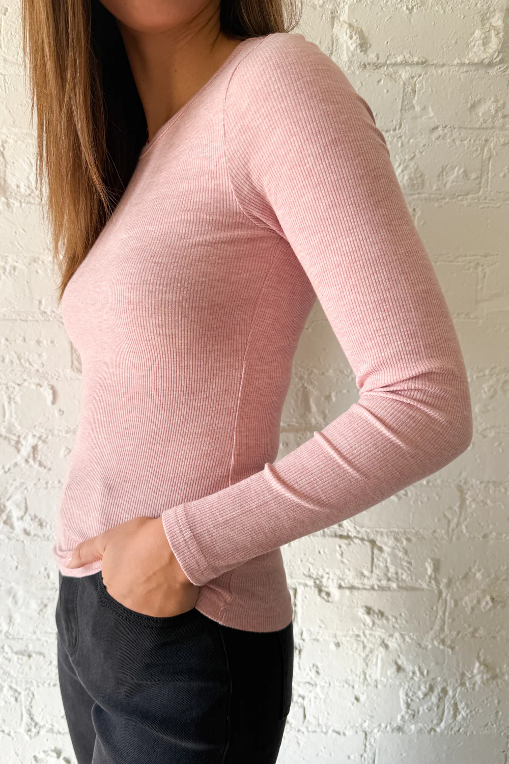Classic Long Sleeve Rib Tee - Pink Marle - Image 2