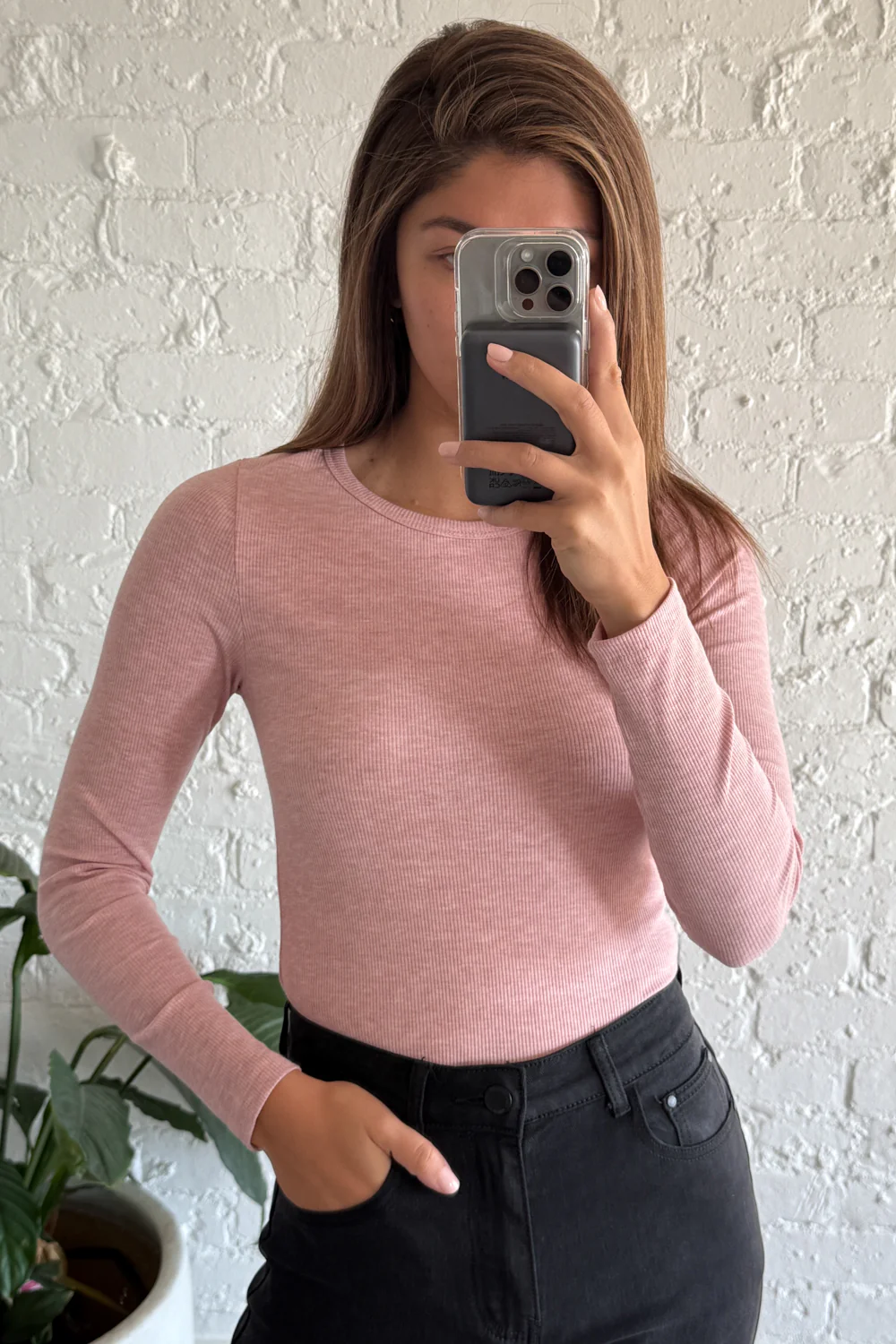 Classic Long Sleeve Rib Tee - Pink Marle - Image 6