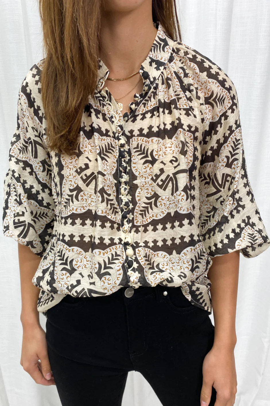 Crinkle Estelle Blouse - Black Geometric - Image 5