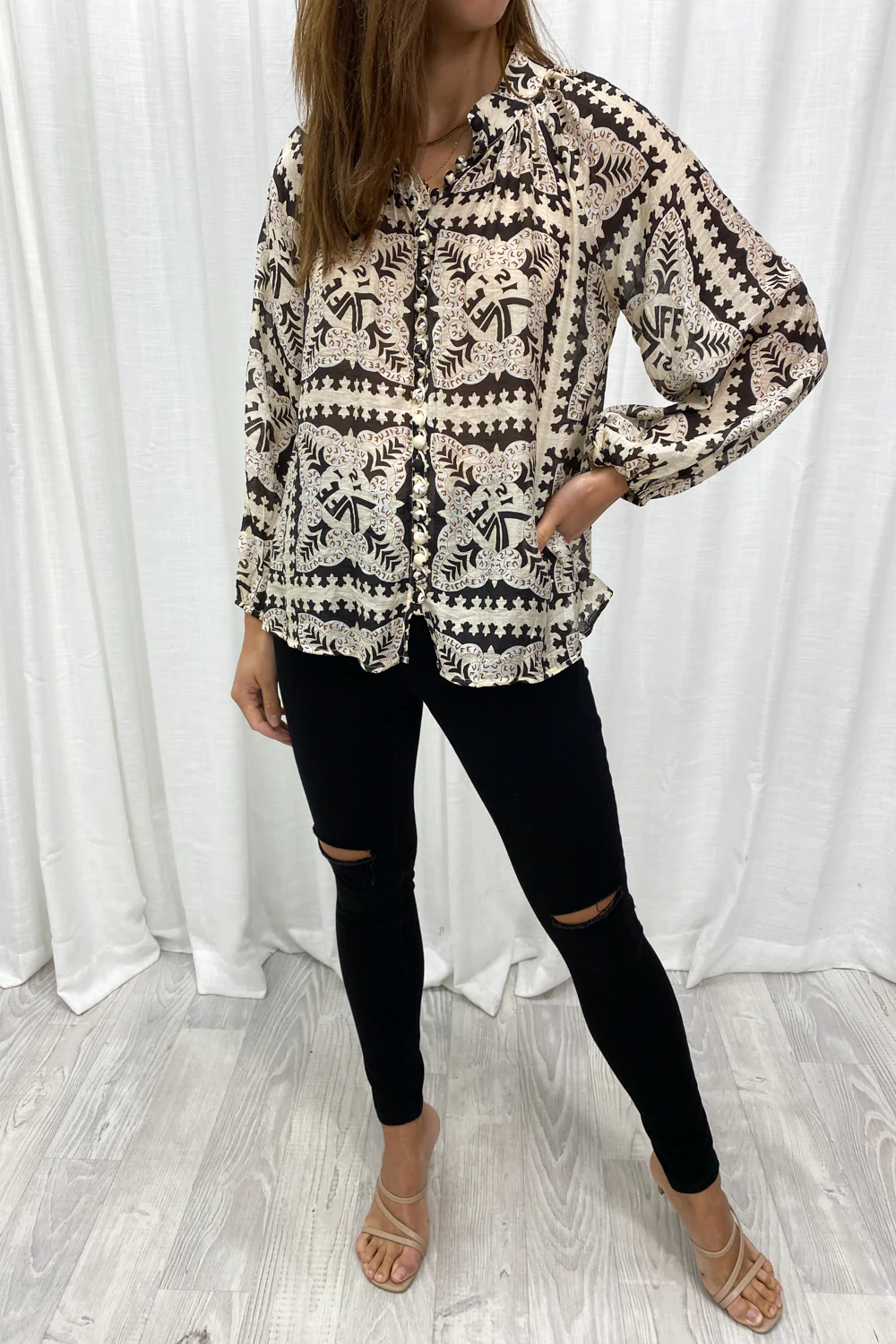 Crinkle Estelle Blouse - Black Geometric - Image 9