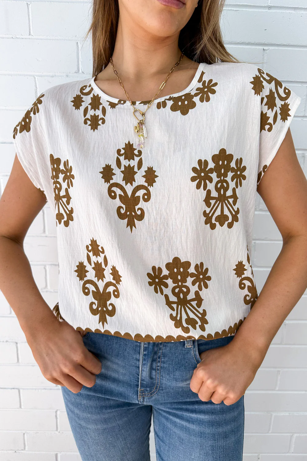 Elka Top - Cream Brown Print - Image 3