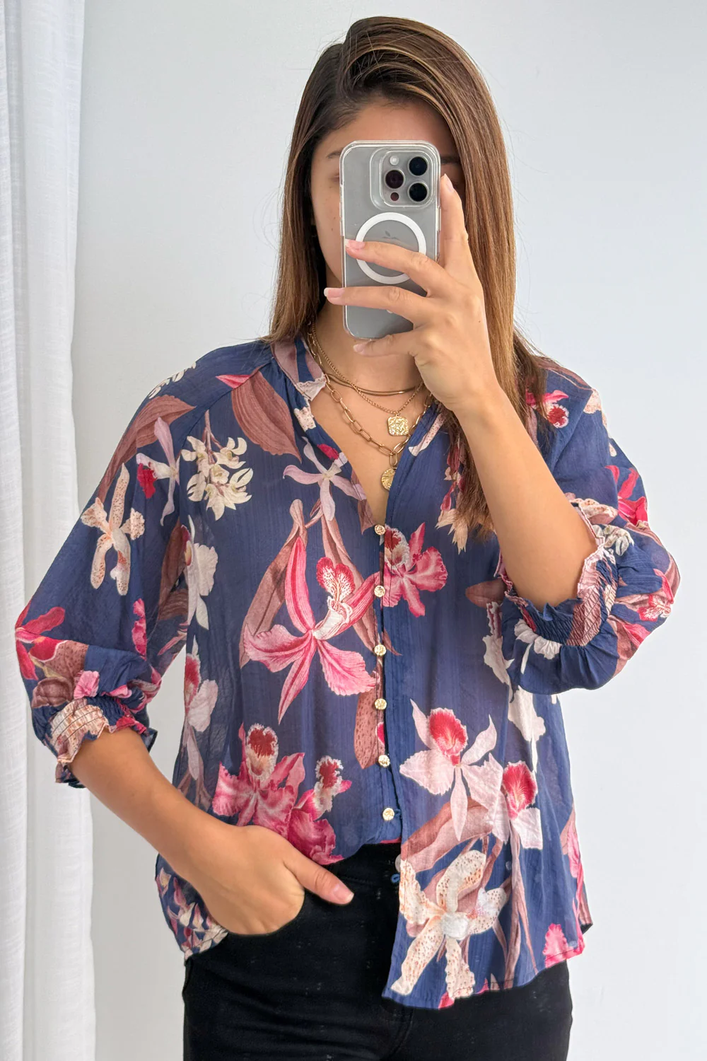 Janette Blouse - Navy Chocolate Leaf - Image 7