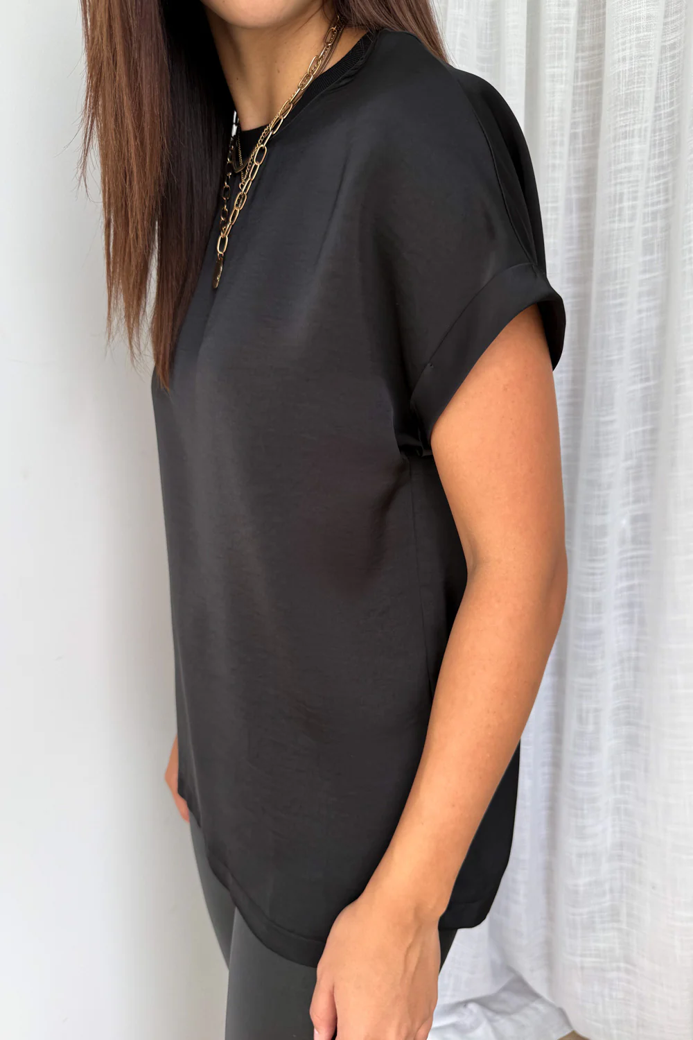 Khloe Satin Tee - Black - Image 5