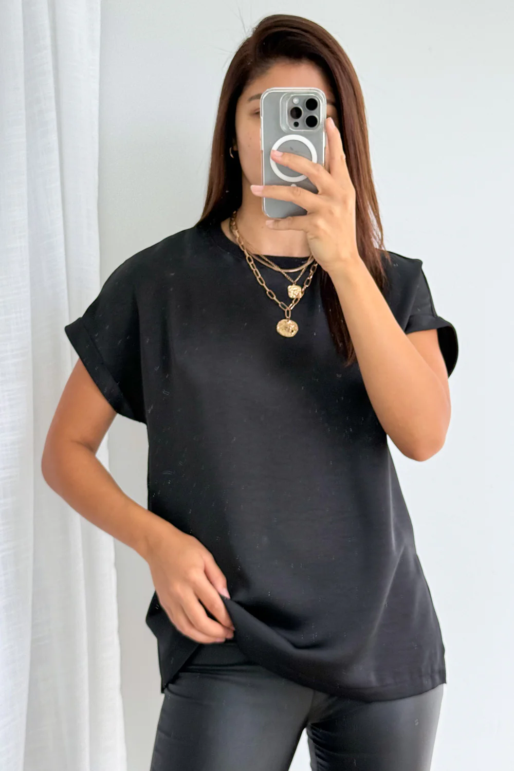 Khloe Satin Tee - Black - Image 8