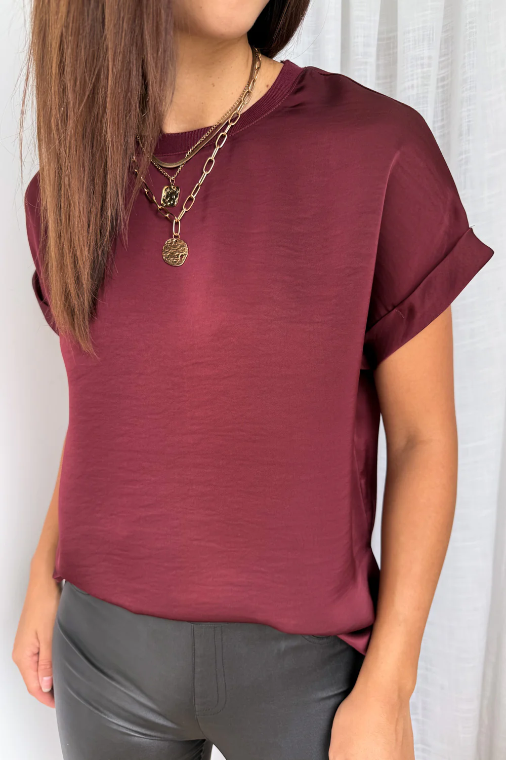 Khloe Satin Tee - Wine - Image 2