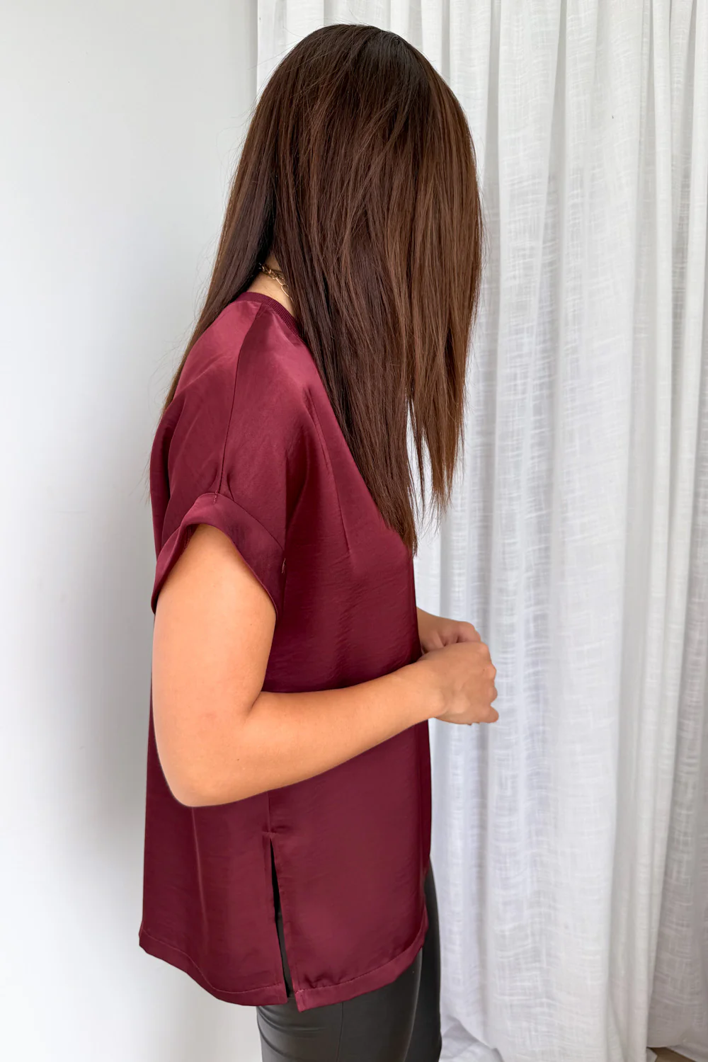 Khloe Satin Tee - Wine - Image 6