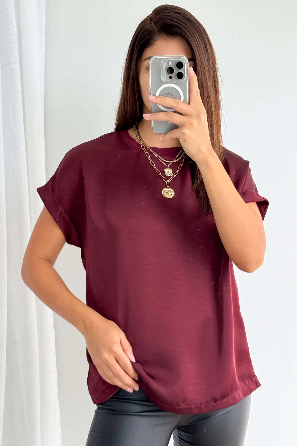 Khloe Satin Tee - Wine - Image 8