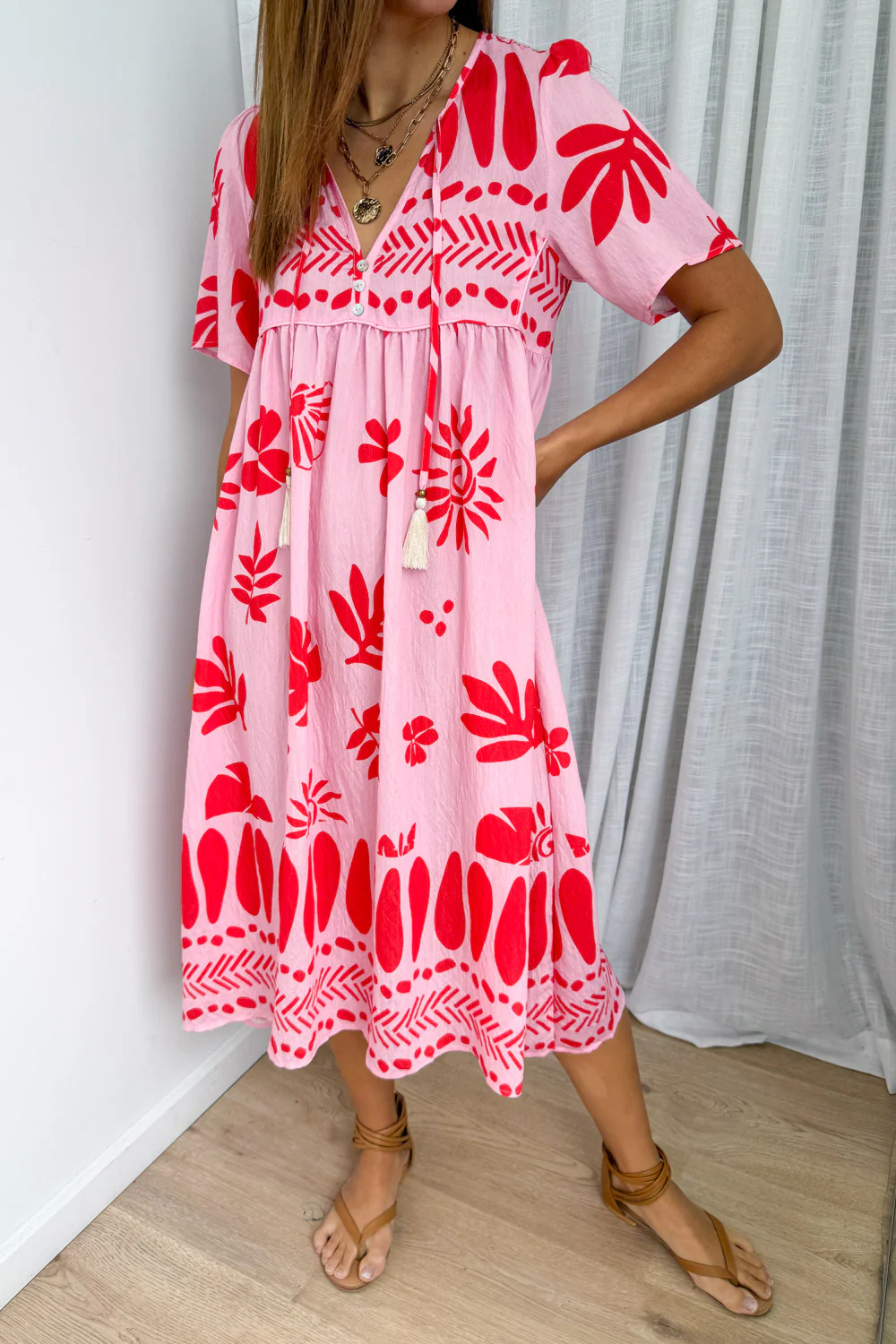 Long Sunday Dress - Pink Red Print - Image 2