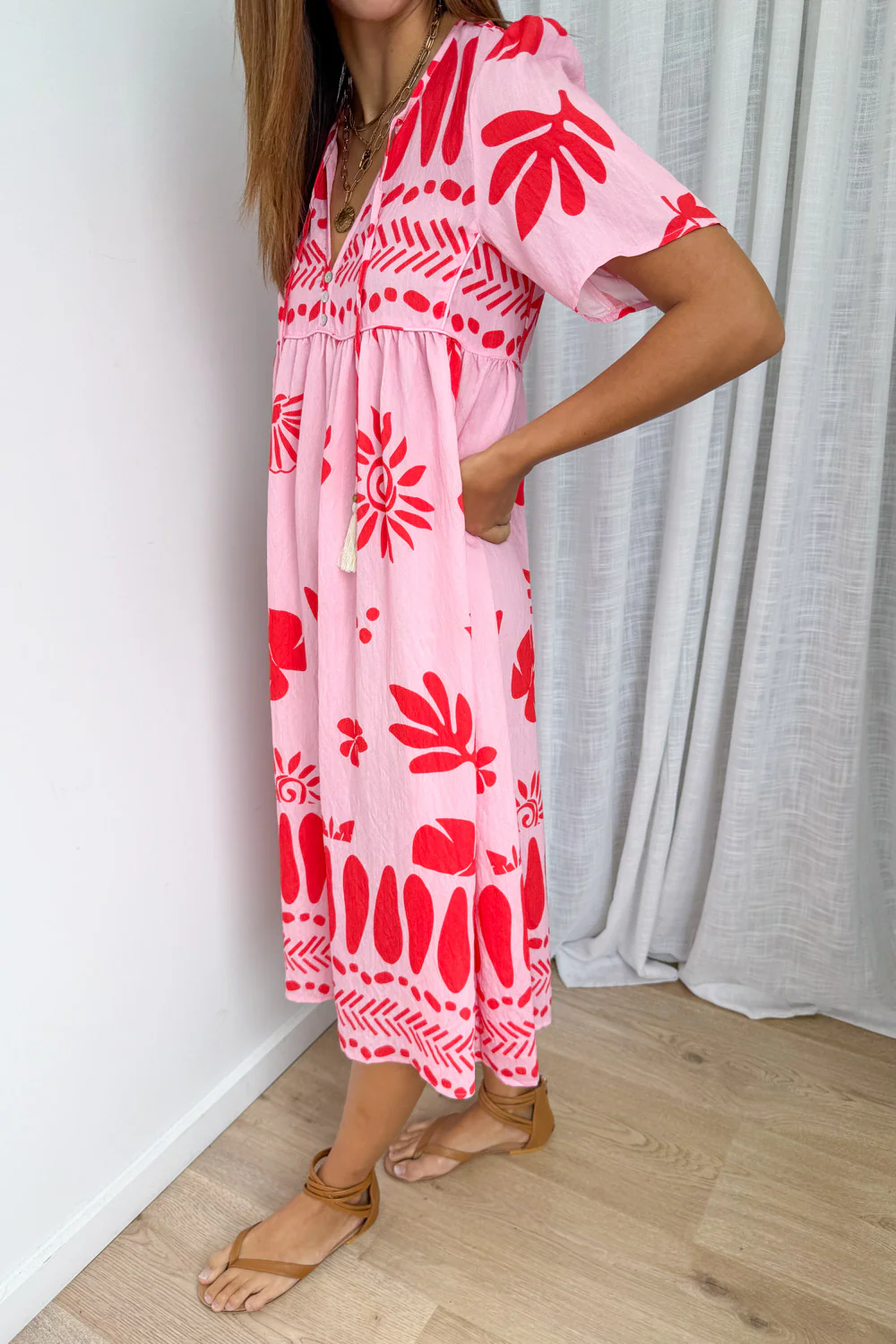 Long Sunday Dress - Pink Red Print - Image 3