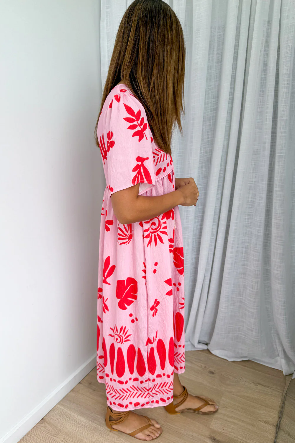 Long Sunday Dress - Pink Red Print - Image 4