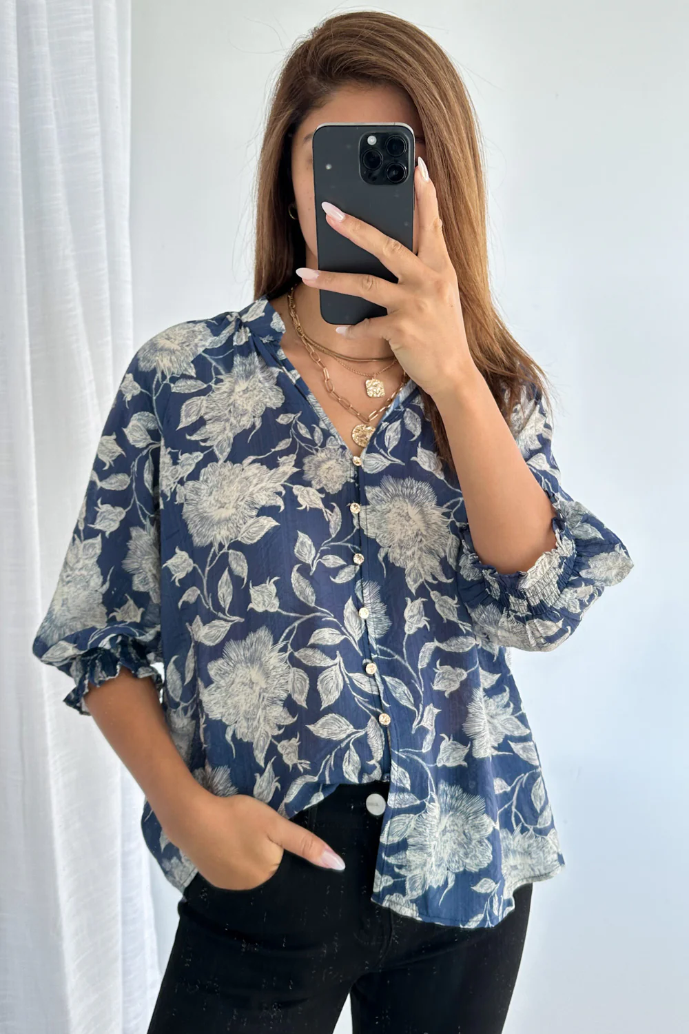 Marnie Blouse - Navy Cream Floral - Image 5