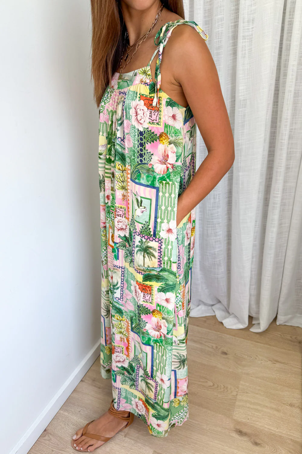Miami Maxi Dress - Pink Green Palm Print - Image 3