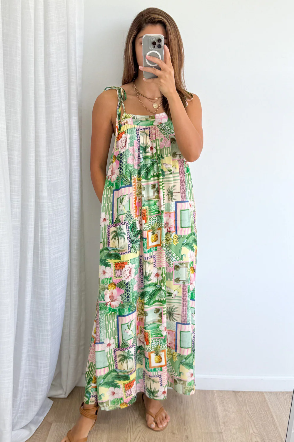 Miami Maxi Dress - Pink Green Palm Print - Image 6