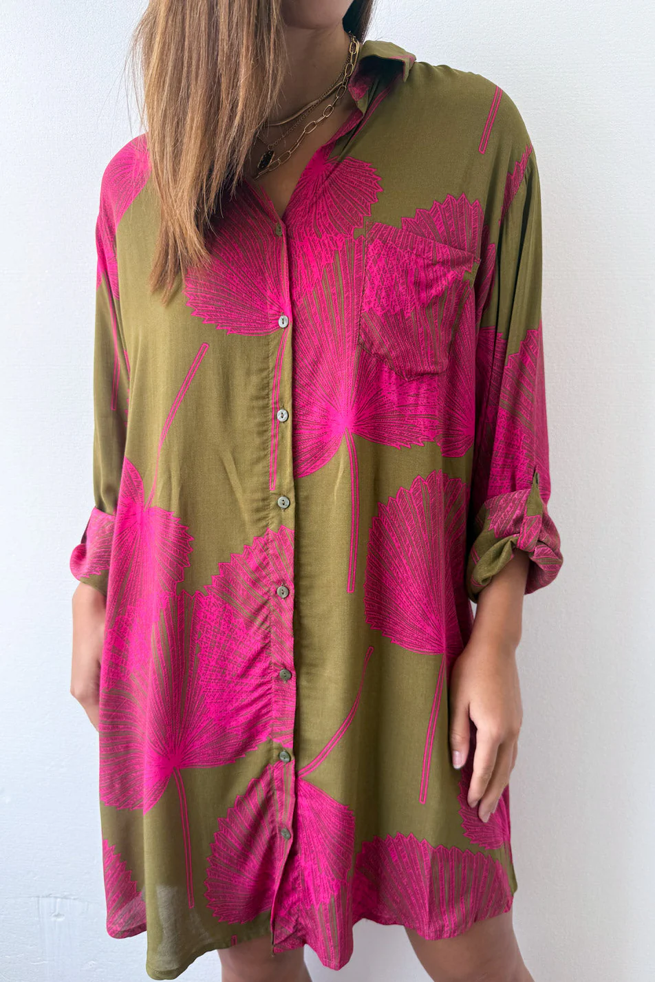 Nirvana Shirt Dress - Olive Pink Palm - Image 10