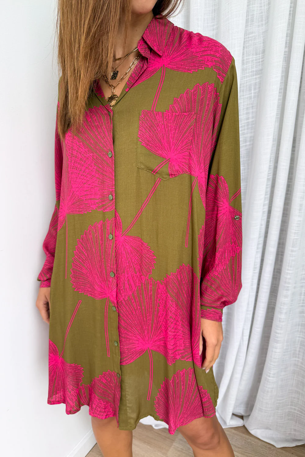 Nirvana Shirt Dress - Olive Pink Palm - Image 11