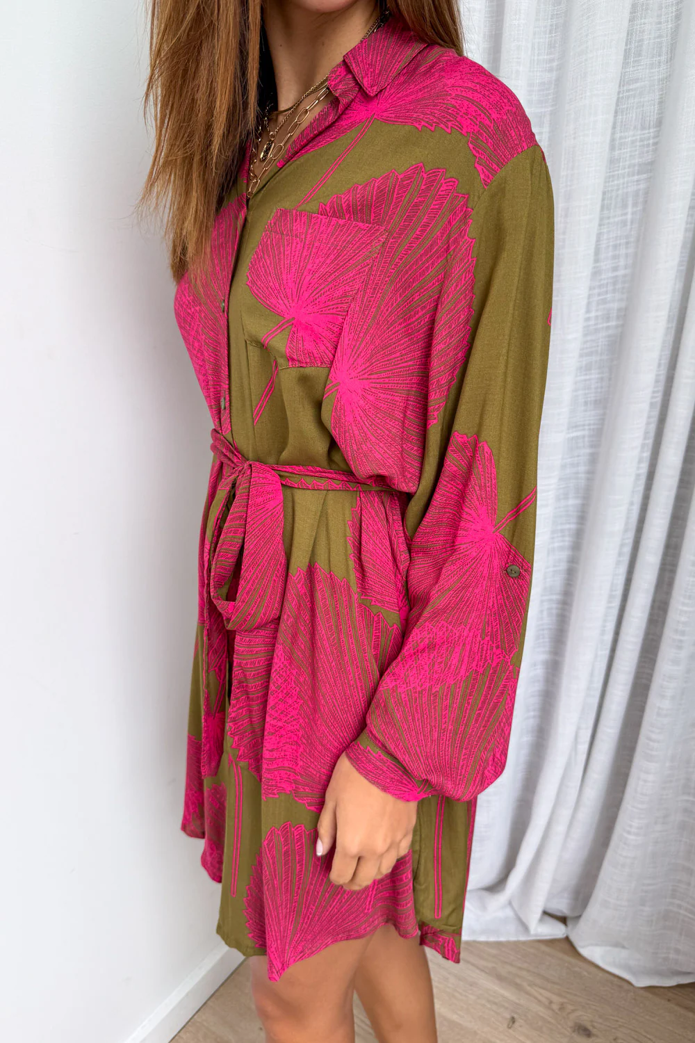 Nirvana Shirt Dress - Olive Pink Palm - Image 13