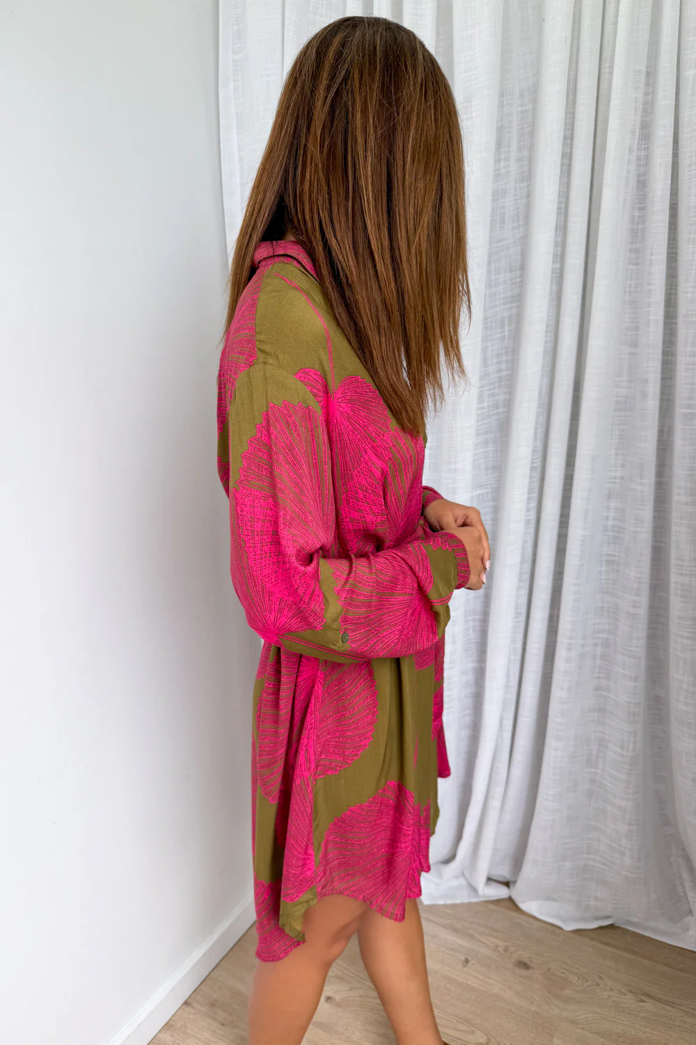 Nirvana Shirt Dress - Olive Pink Palm - Image 14