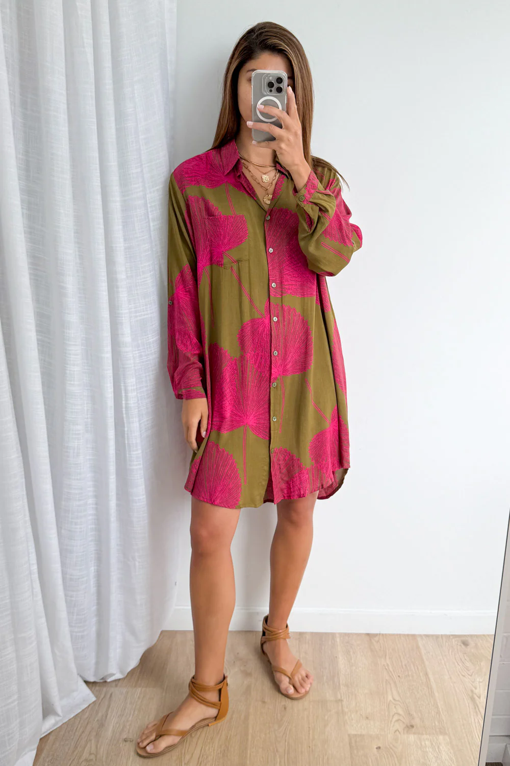 Nirvana Shirt Dress - Olive Pink Palm - Image 16