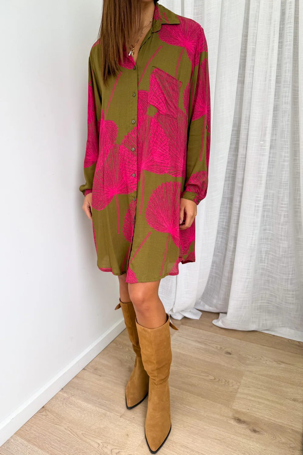 Nirvana Shirt Dress - Olive Pink Palm - Image 2