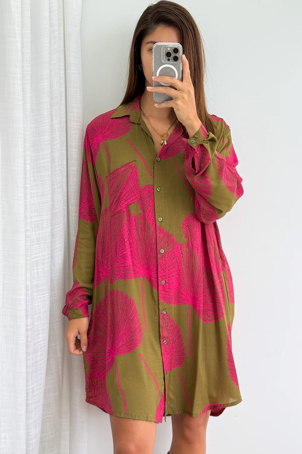 Nirvana Shirt Dress - Olive Pink Palm - Image 6