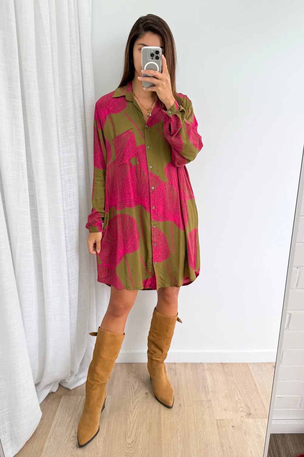 Nirvana Shirt Dress - Olive Pink Palm - Image 7