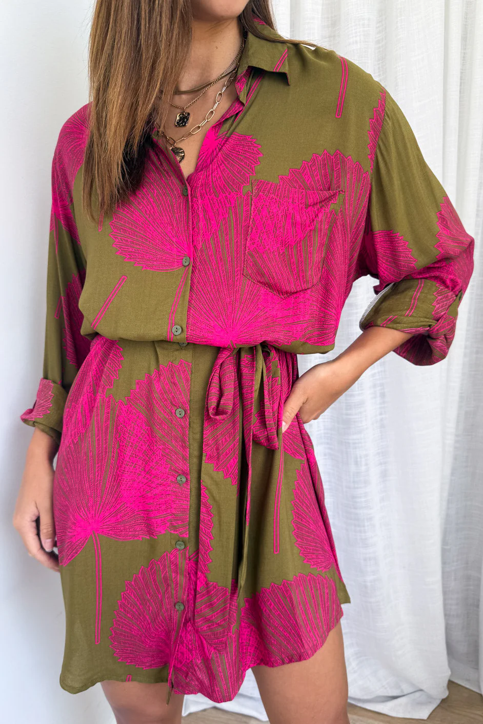 Nirvana Shirt Dress - Olive Pink Palm - Image 8