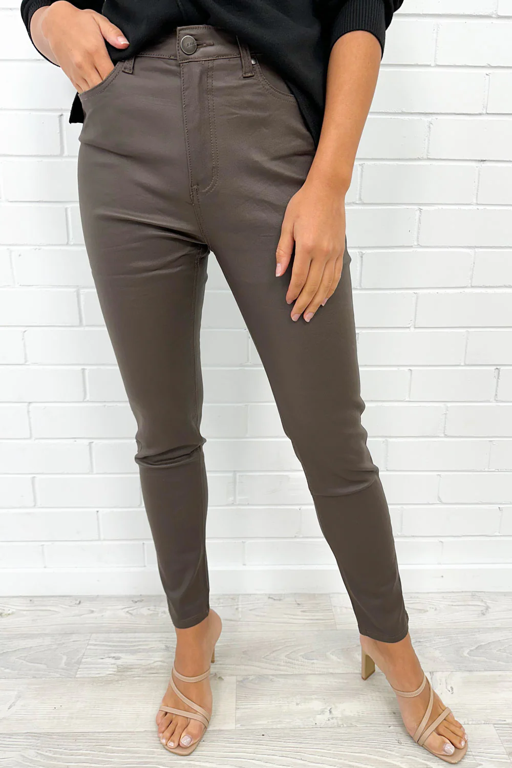 Pippa Wet Look Skinny Jeans - Chocolate - Image 13