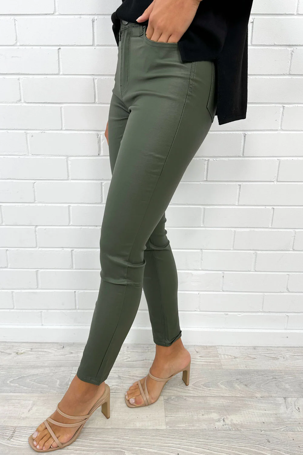 Pippa Wet Look Skinny Jeans - Khaki - Image 5