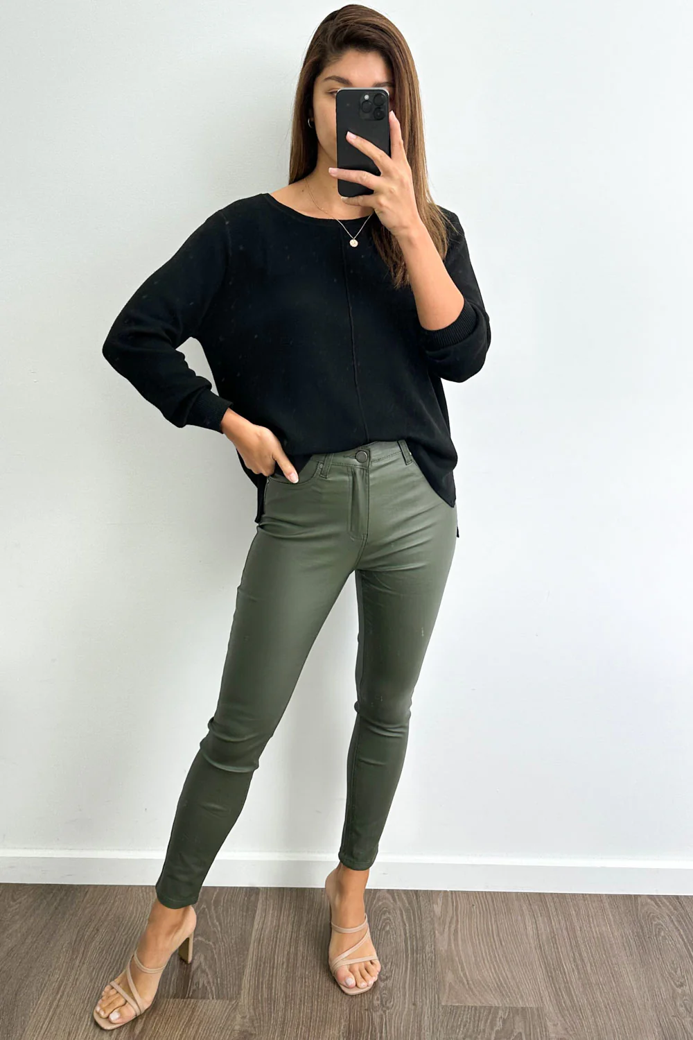 Pippa Wet Look Skinny Jeans - Khaki - Image 7