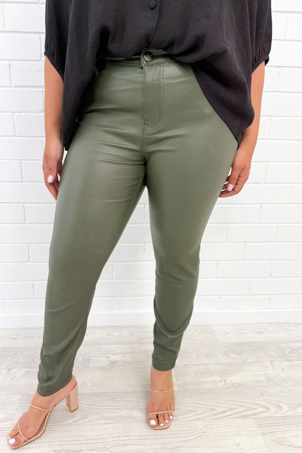 Pippa Wet Look Skinny Jeans - Khaki - Image 8