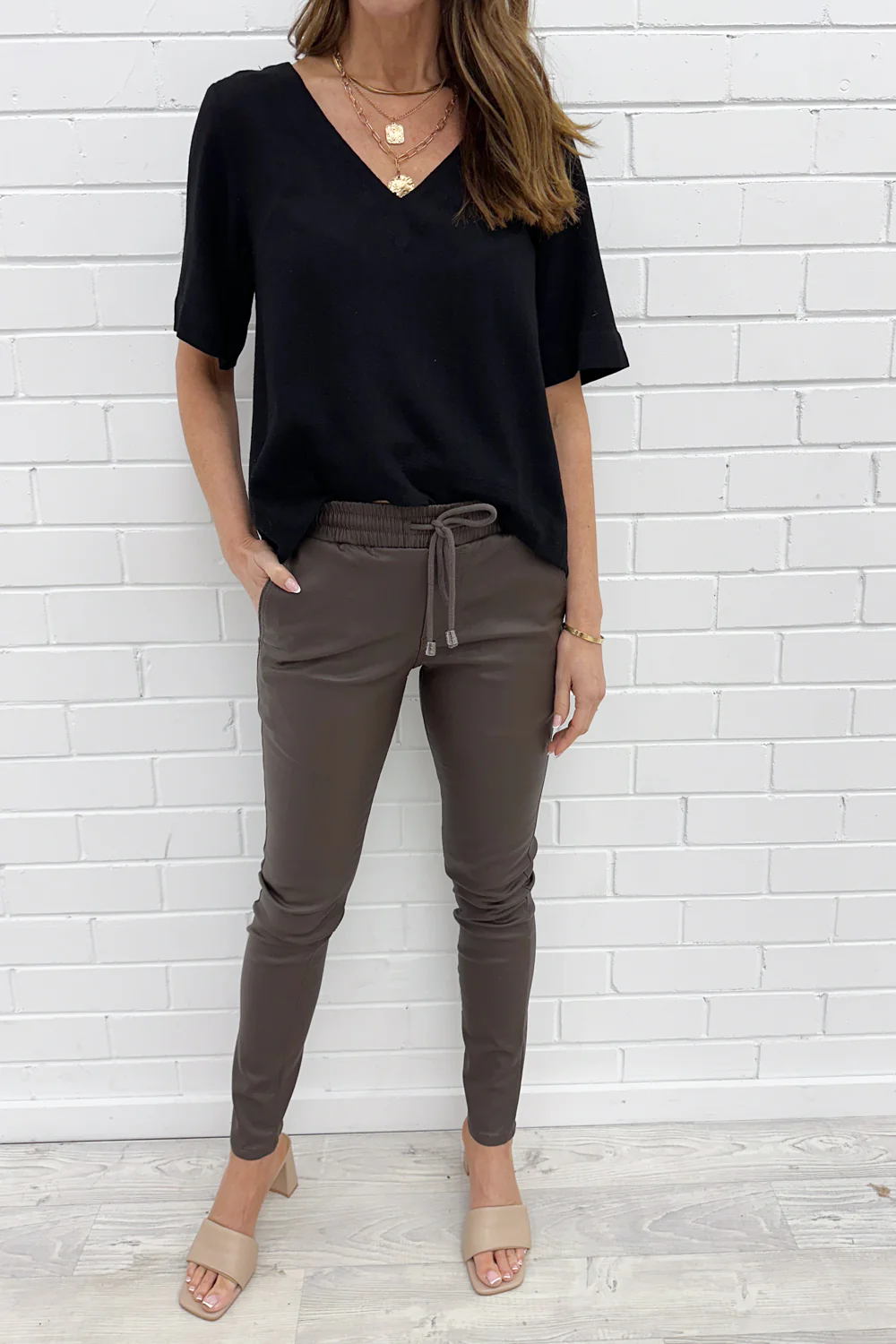 Pippa Wet Look Jogger - Chocolate - Image 2