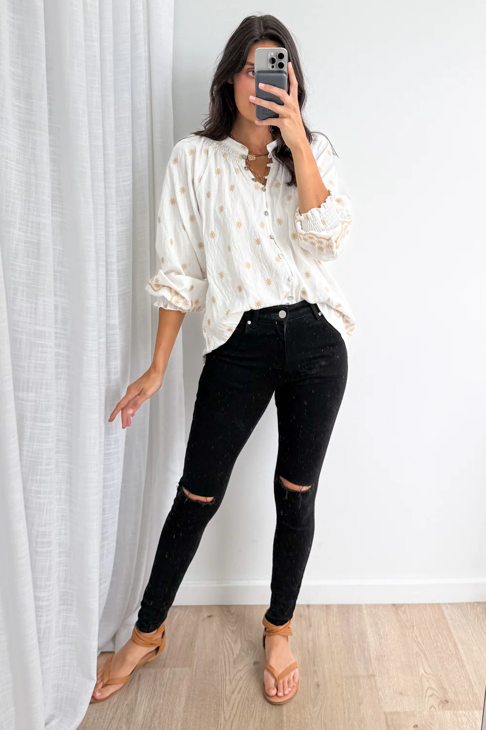 Sophie Blouse - White Tan Boho - Image 2