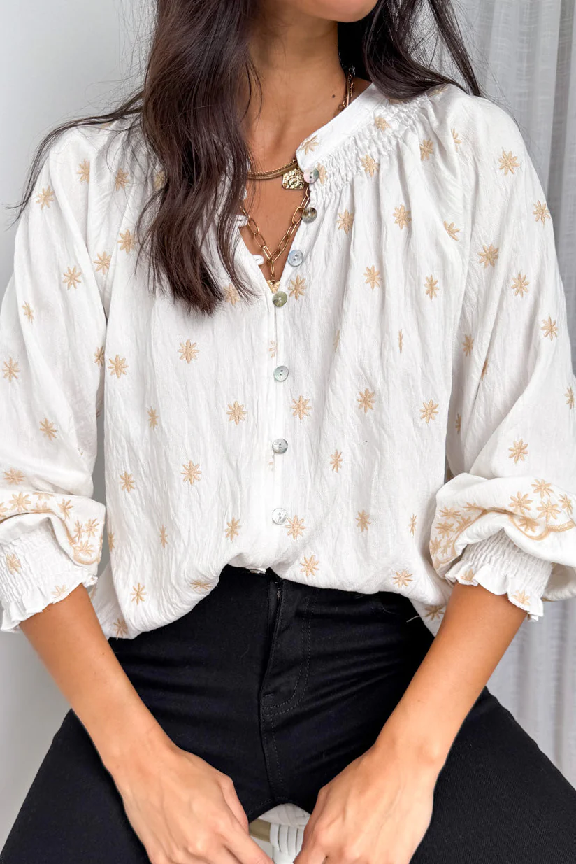 Sophie Blouse - White Tan Boho - Image 3