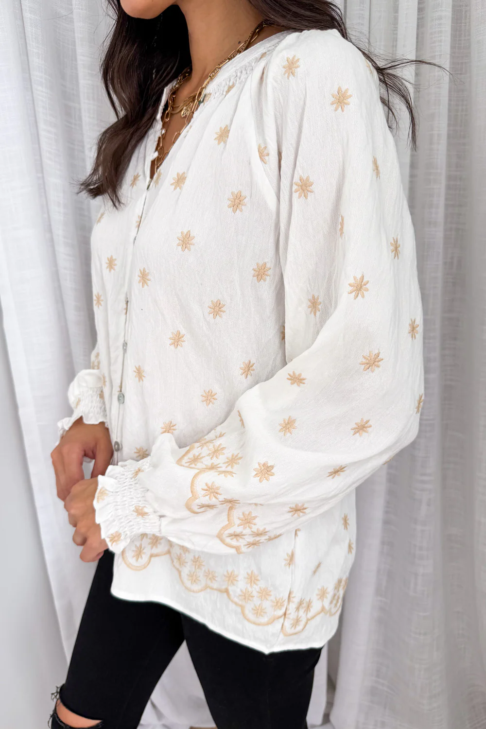 Sophie Blouse - White Tan Boho - Image 4