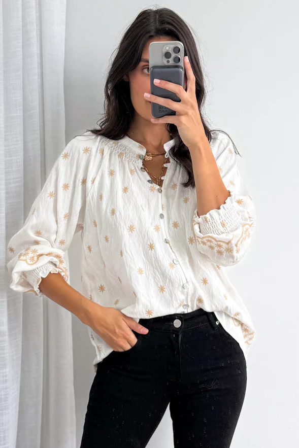 Sophie Blouse - White Tan Boho - Image 7
