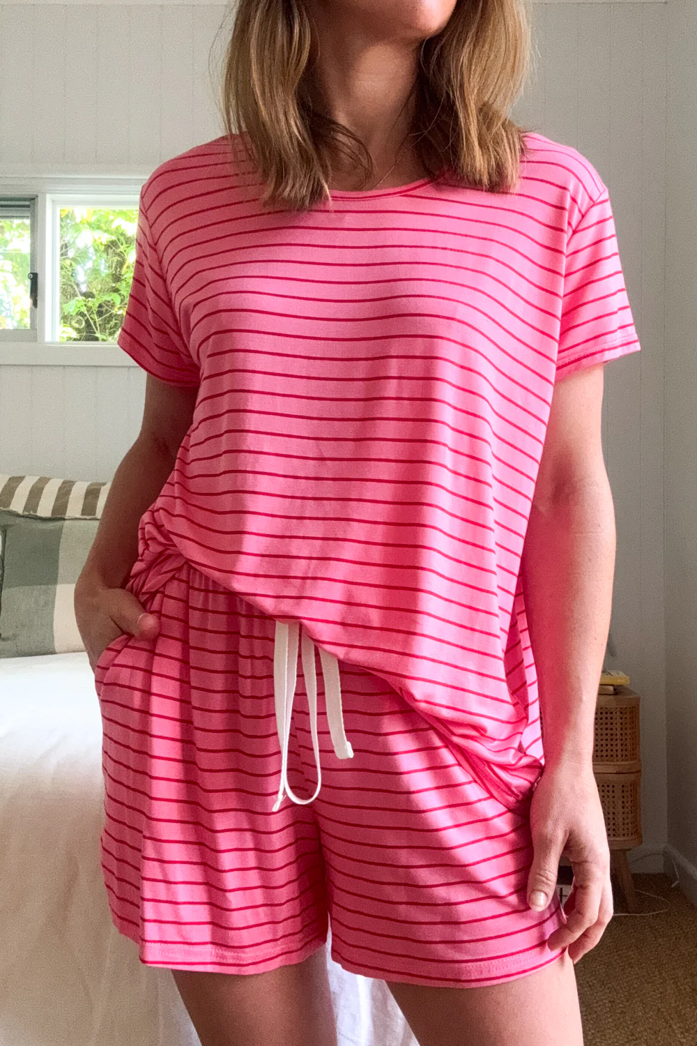 The Comfiest PJs Tee & Shorts Set - Pink Red Stripe - Image 11