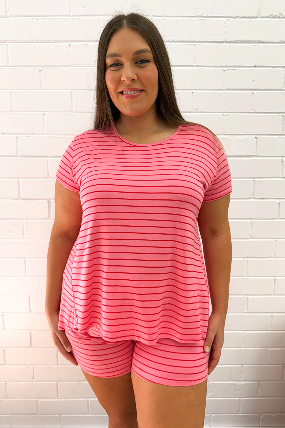 The Comfiest PJs Tee & Shorts Set - Pink Red Stripe - Image 12