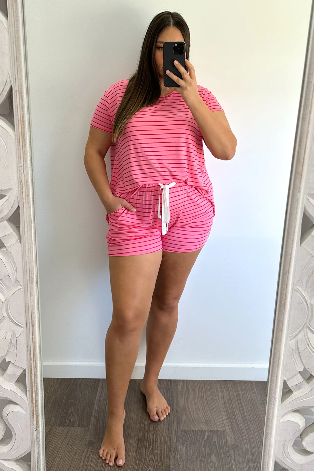 The Comfiest PJs Tee & Shorts Set - Pink Red Stripe - Image 17