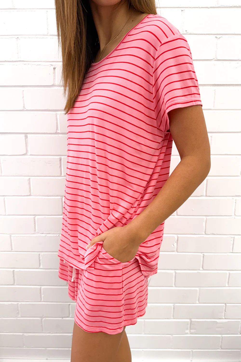 The Comfiest PJs Tee & Shorts Set - Pink Red Stripe - Image 5