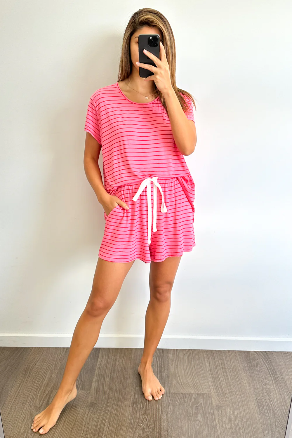 The Comfiest PJs Tee & Shorts Set - Pink Red Stripe - Image 8
