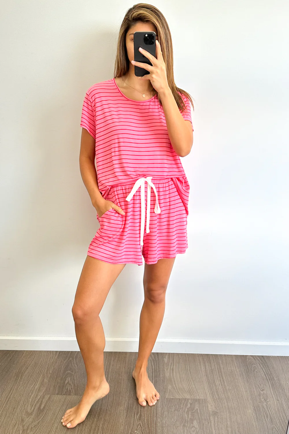 The Comfiest PJs Tee & Shorts Set - Pink Red Stripe - Image 9