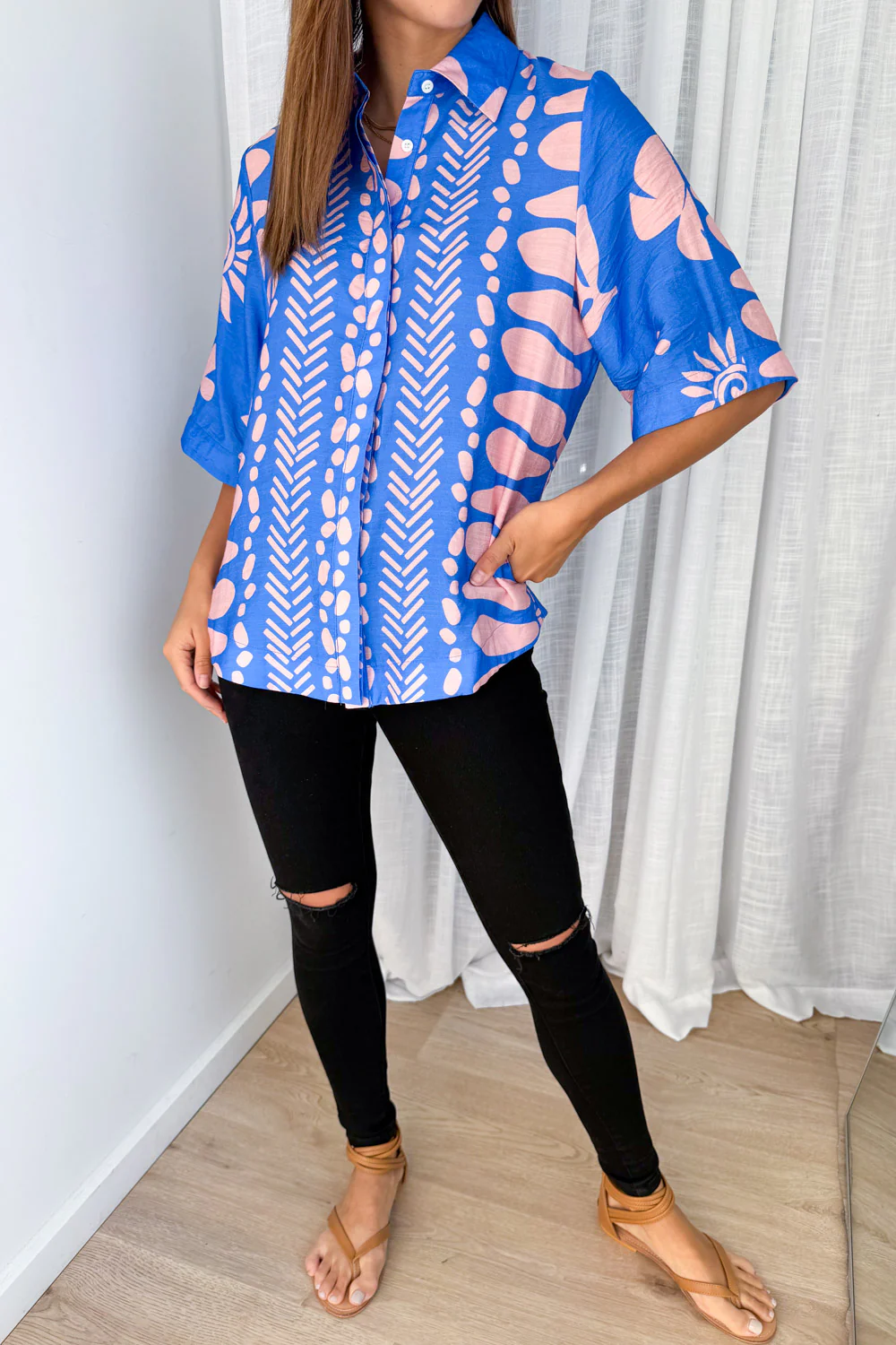 Tulum Shirt - Blue Pink Print - Image 3