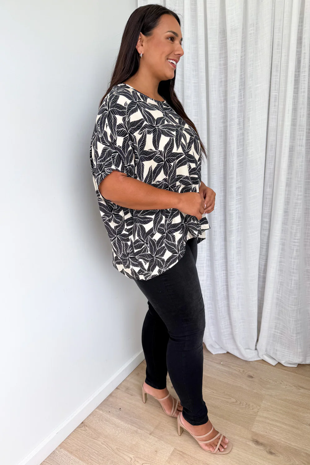 Zara Drape Top - Cream Black Leaf - Image 10