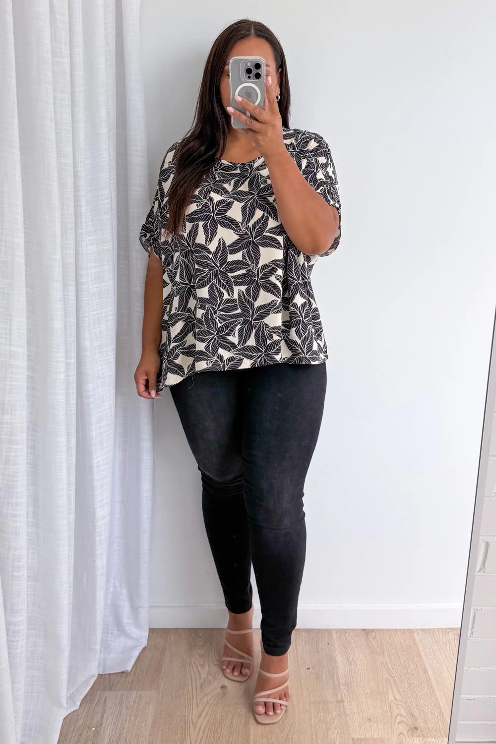Zara Drape Top - Cream Black Leaf - Image 12