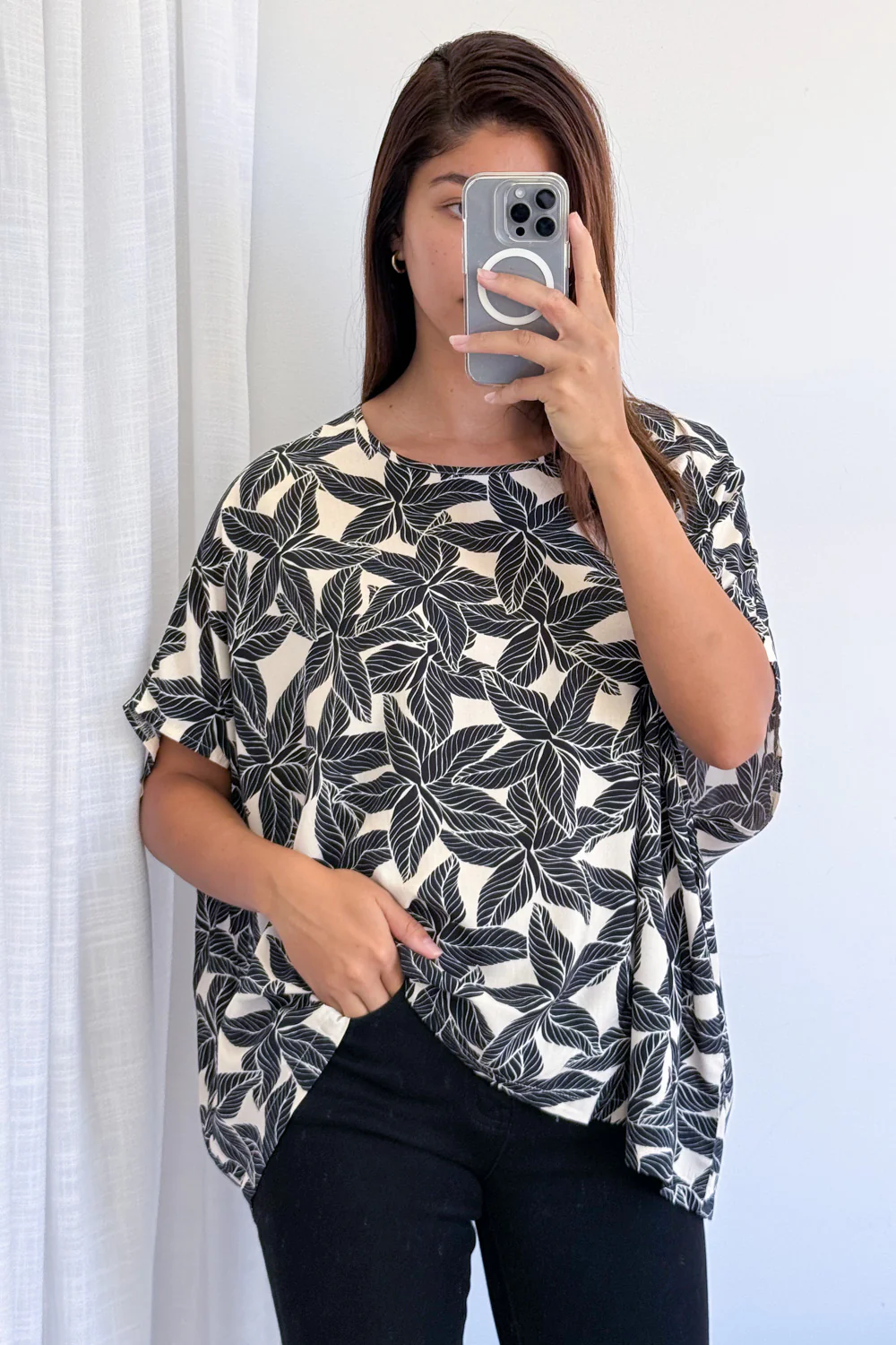 Zara Drape Top - Cream Black Leaf - Image 8