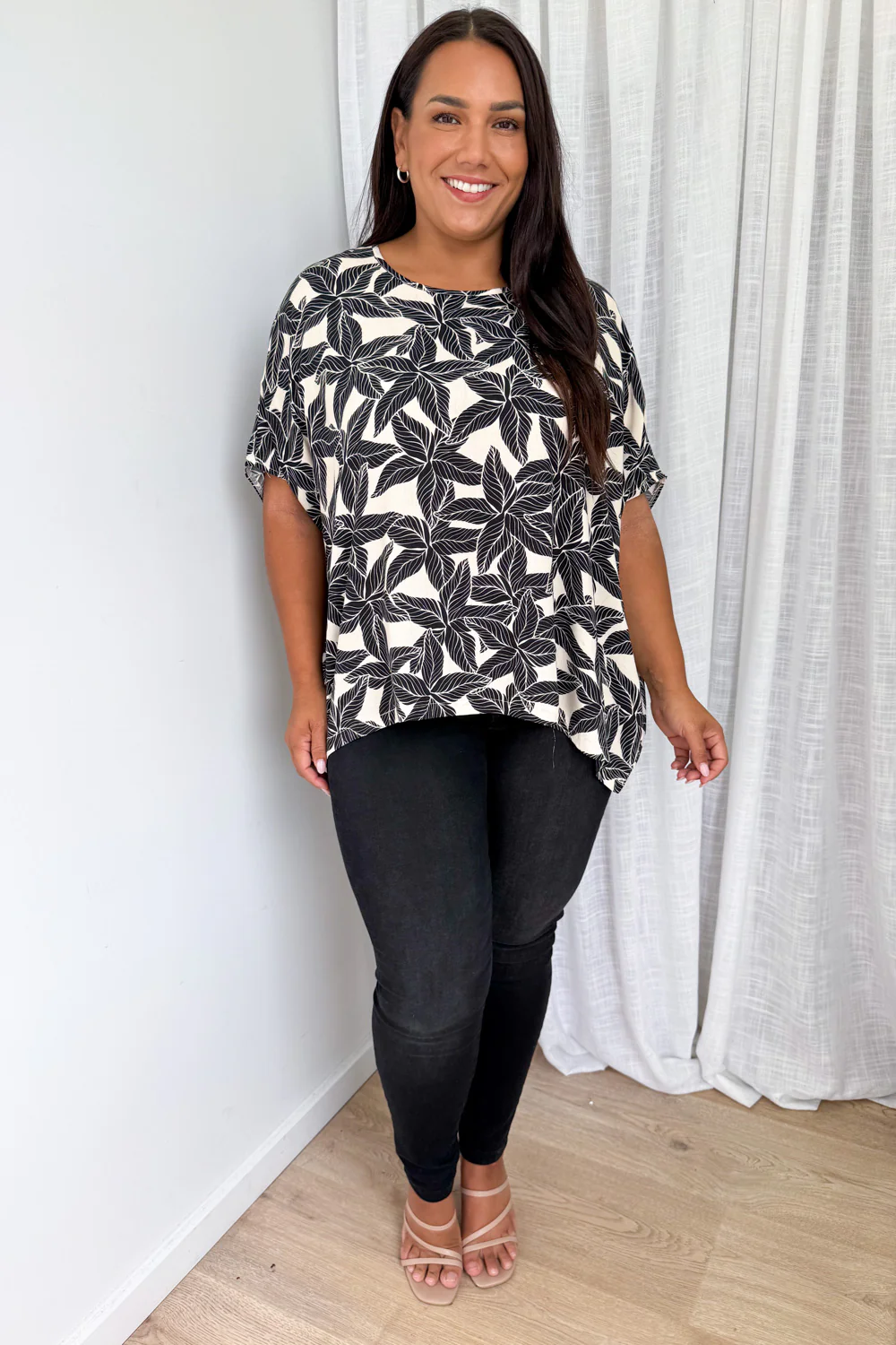 Zara Drape Top - Cream Black Leaf - Image 9