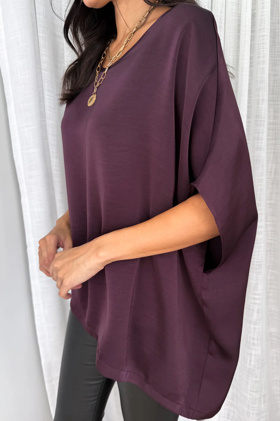 Zara Satin Drape Top - Plum - Image 6